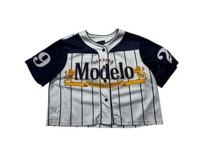 Modelo Cerveza Beer Womens S Belly Crop White 1925 Baseball Jersey Button Front - Image 1