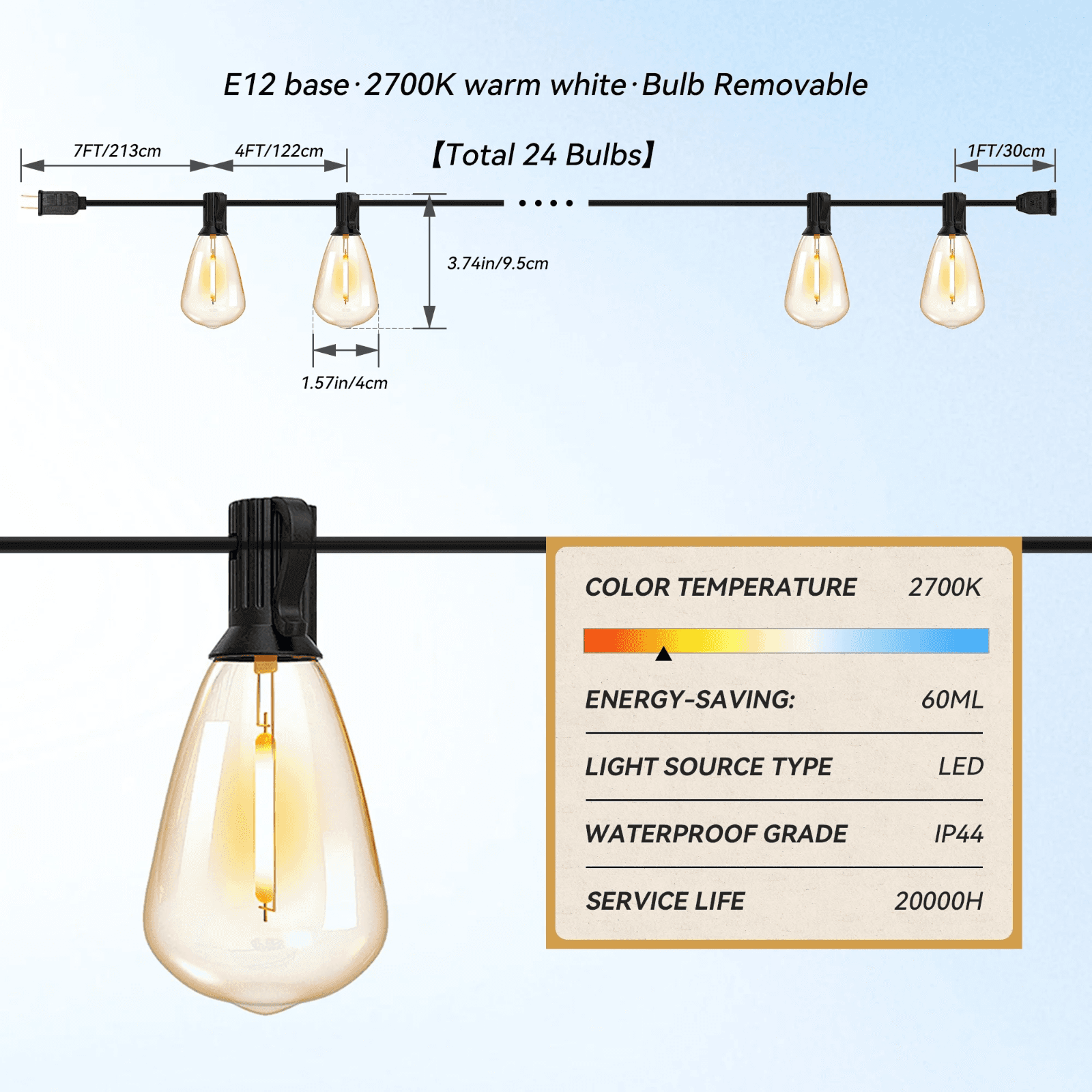 100FT LED 50 CT Outdoor String Lights Dimmable Waterproof LED Patio Lights E12 - Thumbnail 2