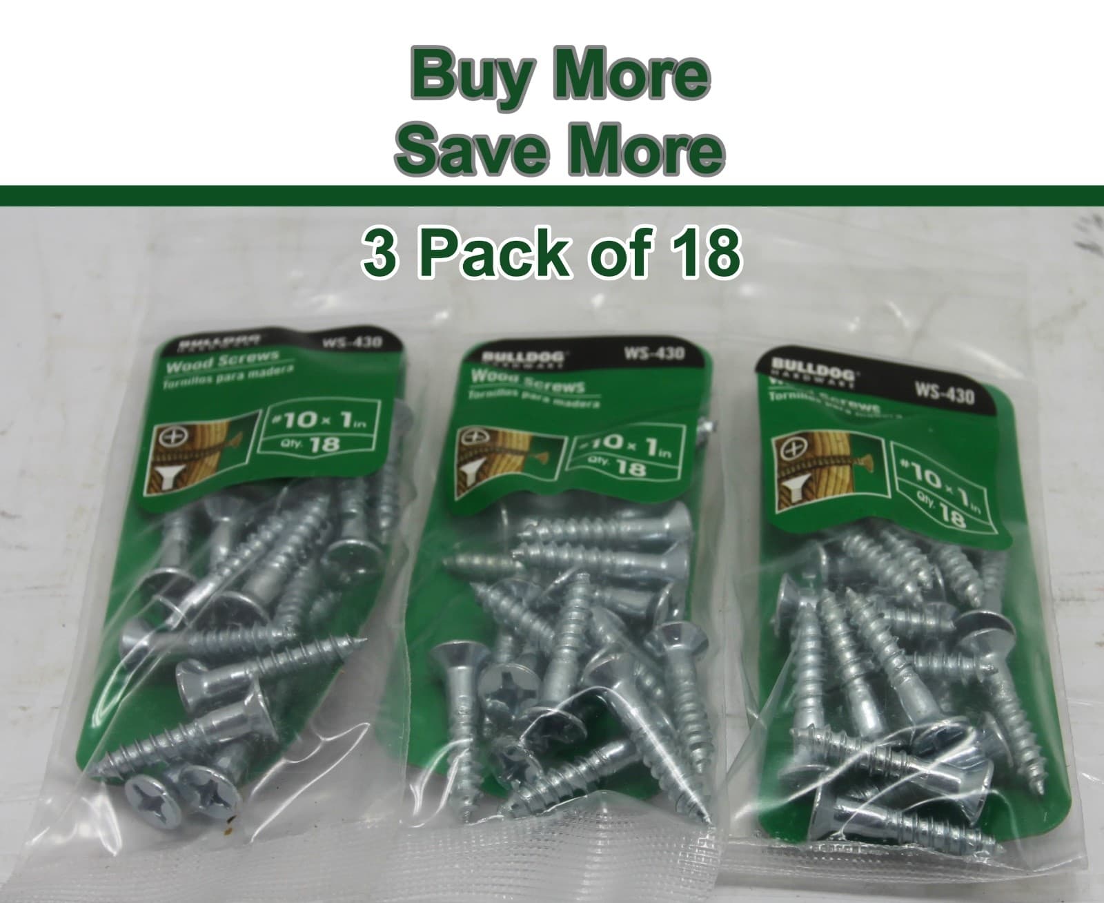 3 Pack Bulldog Hardware Wood Screws 18 Count Pack #10 x 1" WS-430 New In Package - Image 1