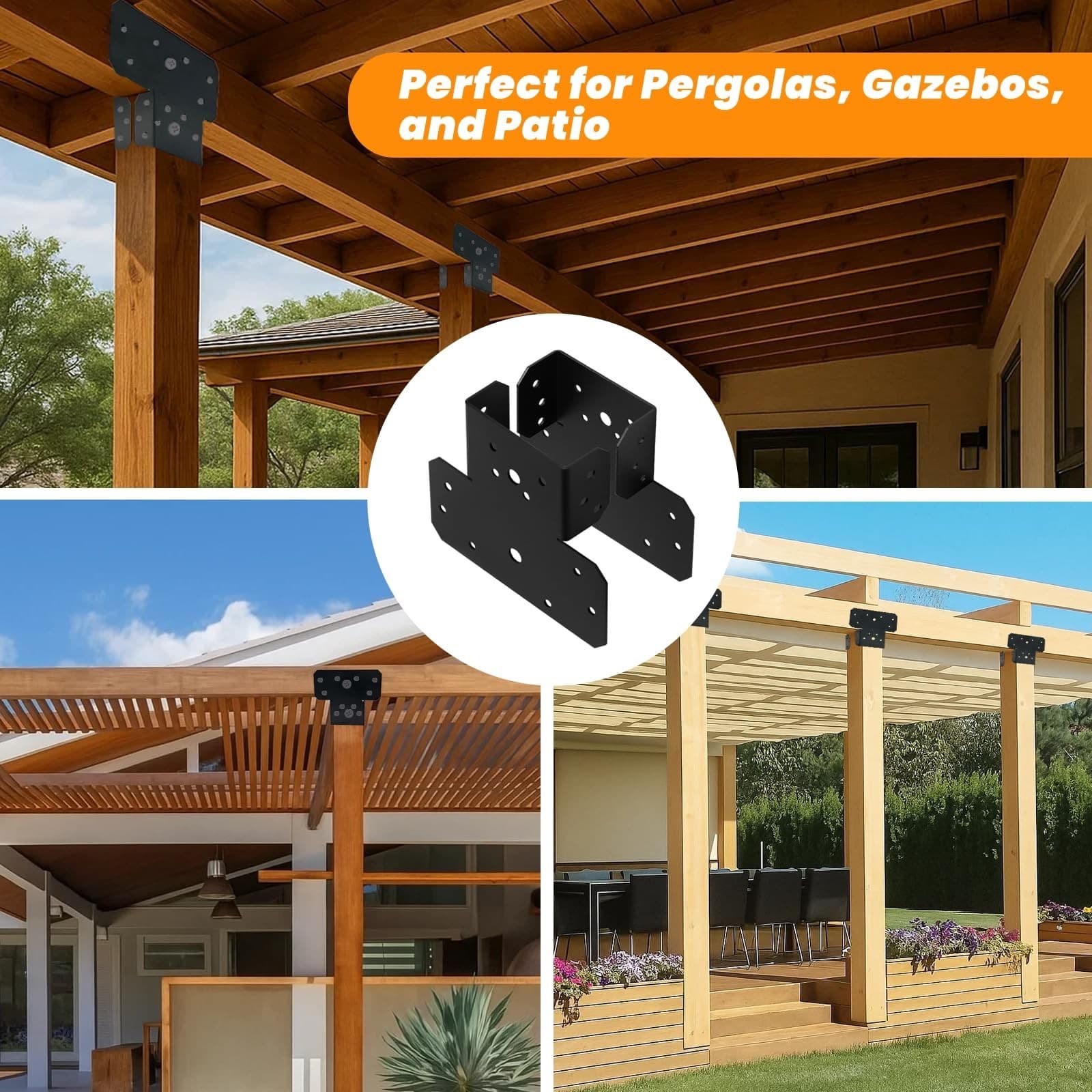4 Pcs 6x6 Black T Shaped Post and Beam Connector, Pergola Bracket, Adjustable... - Thumbnail 5