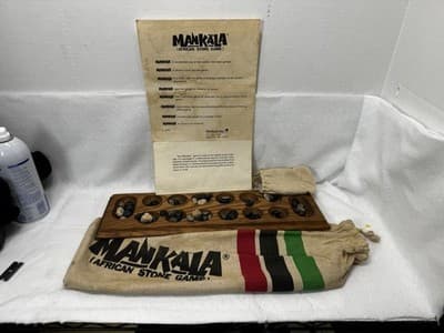 Mankala African Stone Game Wood Piece, Instructions, Stones, Bag And Canvas Bag - Image 1