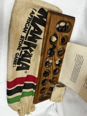 Mankala African Stone Game Wood Piece, Instructions, Stones, Bag And Canvas Bag - Thumbnail 3