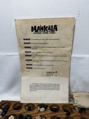 Mankala African Stone Game Wood Piece, Instructions, Stones, Bag And Canvas Bag - Thumbnail 2