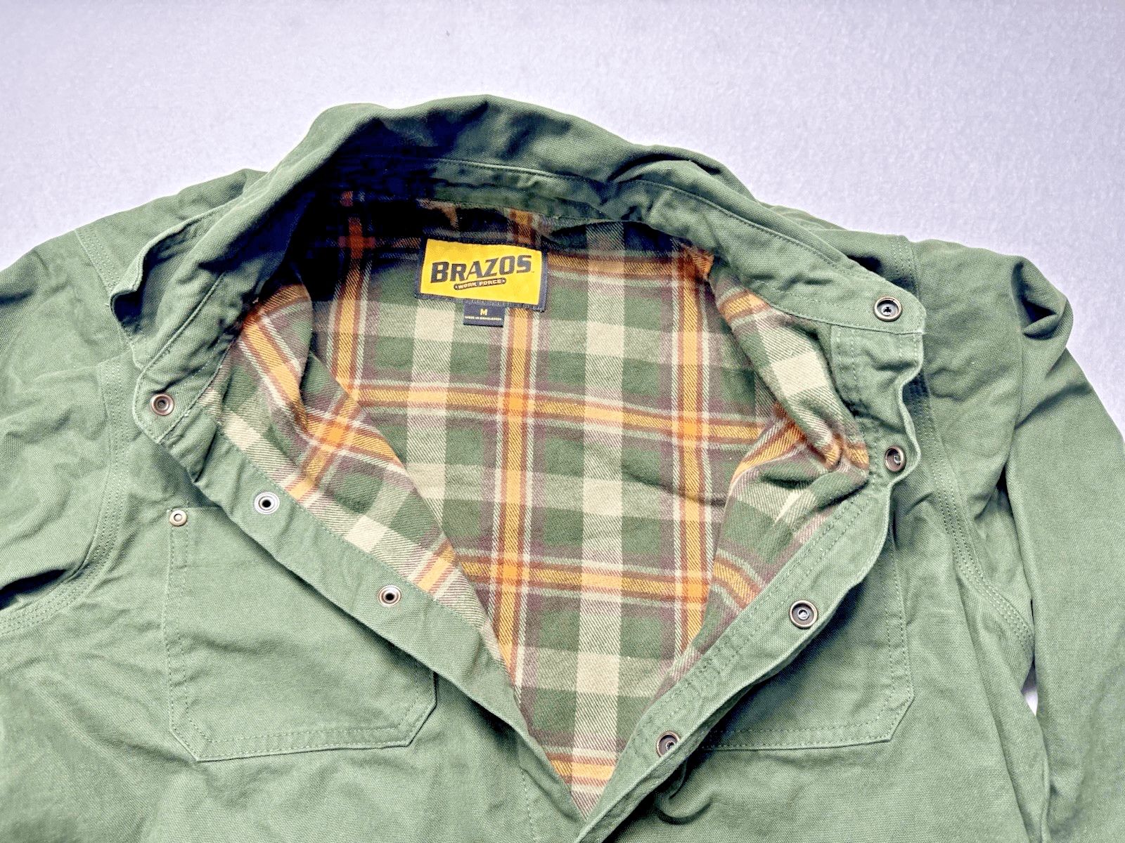 Brazos Work Force M Olive Green Flannel Lined Canvas Chore Jacket Snap Front - Thumbnail 4