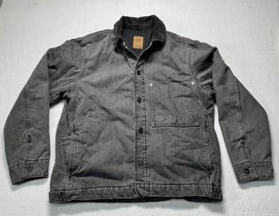 Vintage Gap Denim Coat Mens MEDIUM Gray Wool Lined Chore Barn Plaid Relaxed - Image 1