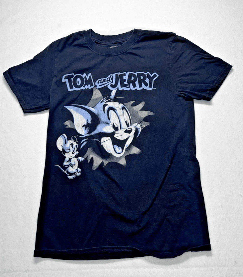 Tom & Jerry Adult New T-Shirt - Blue Gray Coy Jerry Big Headed Tom Small - Image 1