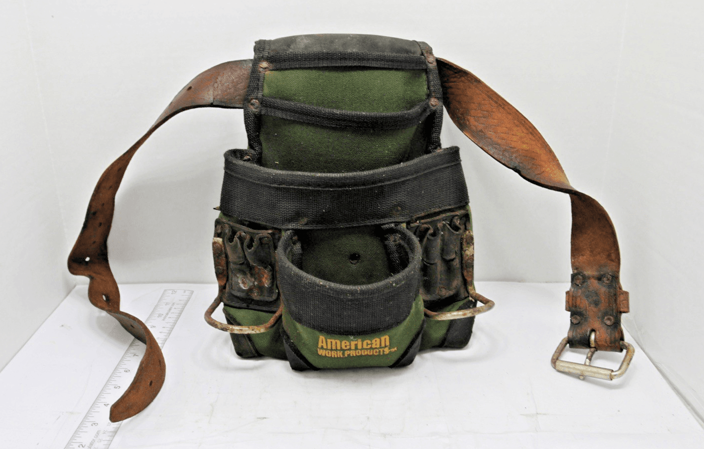 Action Work Products Gold Green Canvas Carpenter Tool Bag Pouch & Belt USED - Image 1