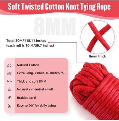 (BDSM Shibari Bondage Rope) 1x black, 1x red. Approximately 32 Feet Soft Cotton - Thumbnail 3