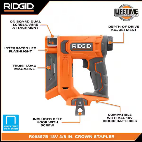 RIDGID Narrow Crown Stapler 3/8 18V Brushless Cordless TOOL ONLY R09897B - Thumbnail 3