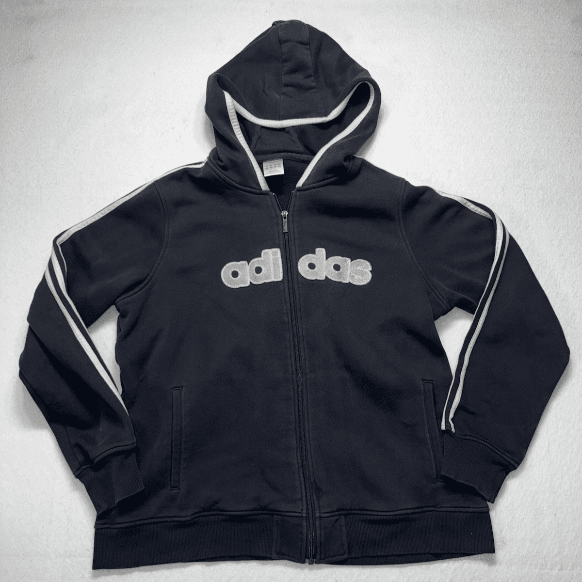 Adidas Hoodie Jacket XL Black Logo Jumper Pullover Full Zip Vintage Hooded