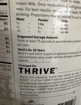 Thrive Instant Milk 28 Lb Bucket. 25 Year Shelf Life. Includes UPS Shipping. - Thumbnail 2
