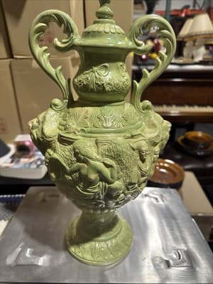 Large Green Porcelain Lidded Jar Urn 17” - Thumbnail 2