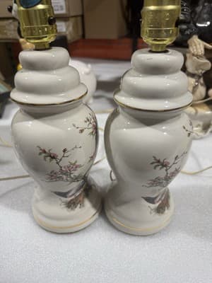 Asian Vintage Decorated Glass Lamp 12” Beige/Crème Colored, Tree, Bird ,Pair - Thumbnail 3