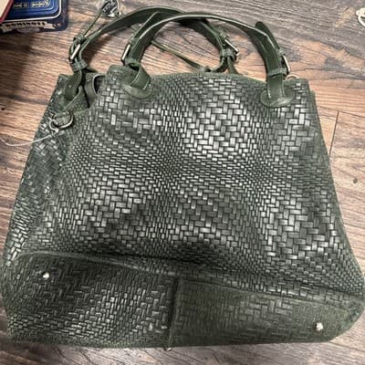 Fiore Dark Green Leather Woven Large Tote Handbag New - Thumbnail 3