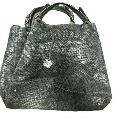 Fiore Dark Green Leather Woven Large Tote Handbag New - Image 1