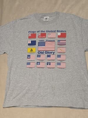 Vtg Old Glory 12 Flags T-Shirt | Gray American Flag Graphic | Military Style L - Image 1