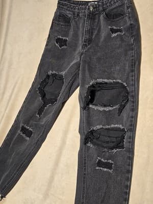 PrettyLittleThing Washed Black High Waisted Mom Jeans Distressed Ripped UK 12 US - Image 1