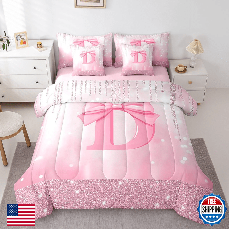 Feelyou Kids Pink Bowknot 7 Pieces Bedding Set Queen Size Personalized Initial - Image 1