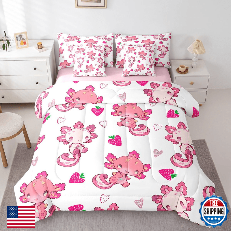 Feelyou Kids Cute Axolotl 7 Pieces Bedding Set Full Size Strawberry Bed In A - Image 1