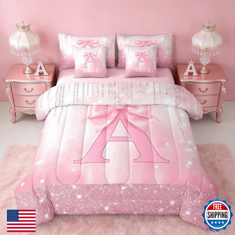 Feelyou Kids Pink Bowknot Bed In A Bag Twin Size Personalized Initial A - Image 1