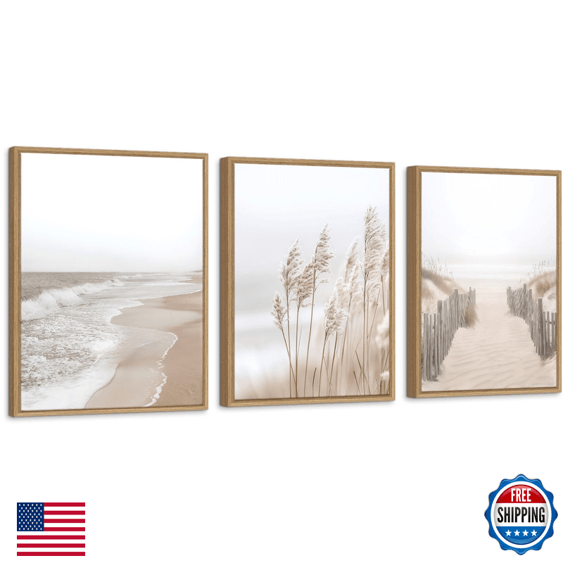 Zessonic Neutral Beach Pampas Grass Wall Art Boho Coastal Canvas Wall Decor - Image 1