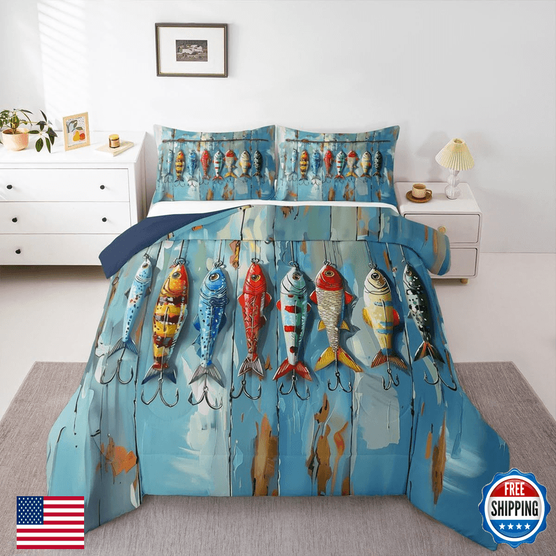 Feelyou Fishing And Hunting Duvet Quilt Twin Size Bass Big Fish Bedding Set For - Image 1