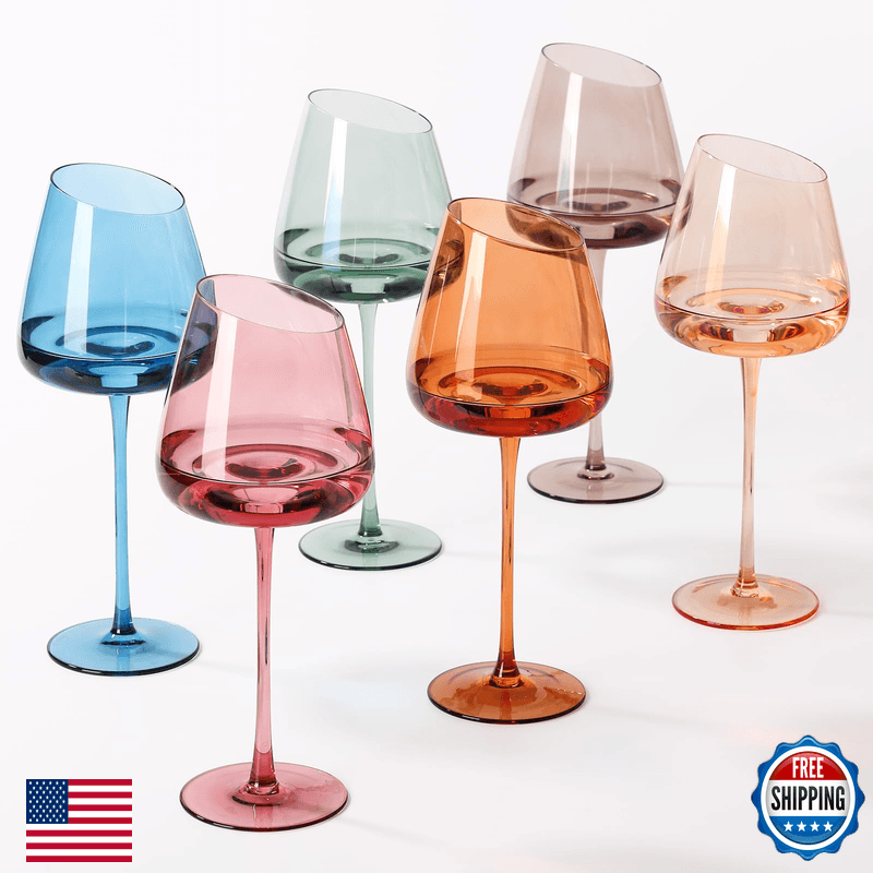 Physkoa Slanted Colored Wine Glasses 18 Oz Pack Of 6 - Hand-Blown Crystal Wine - Image 1