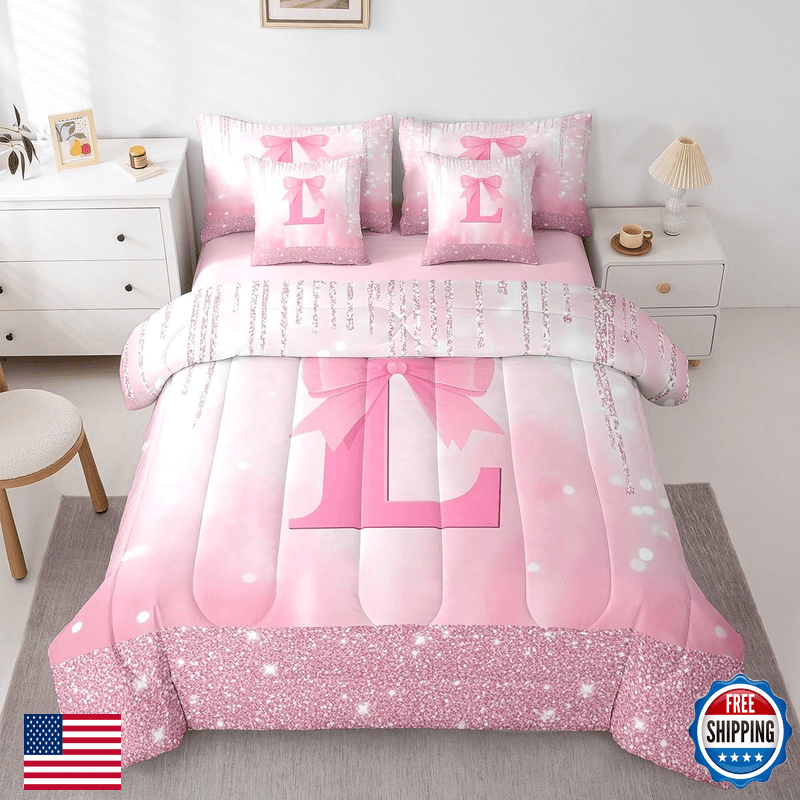 Feelyou Kids Pink Bowknot Comforter Set Sheets King Size Personalized Initial L - Image 1