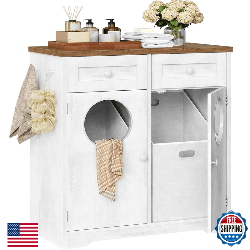 Hoobro Double Laundry Hamper Cabinet Hidden Laundry Cabinet 2 Drawers 2 Baskets - Image 1