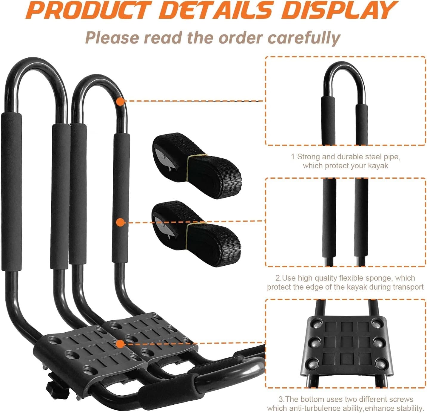 Kayak Roof Rack, 2 Pair J-Bar Roof Rack with 4 Ropes. Heavy Duty Kayak Roof Carr - Thumbnail 4