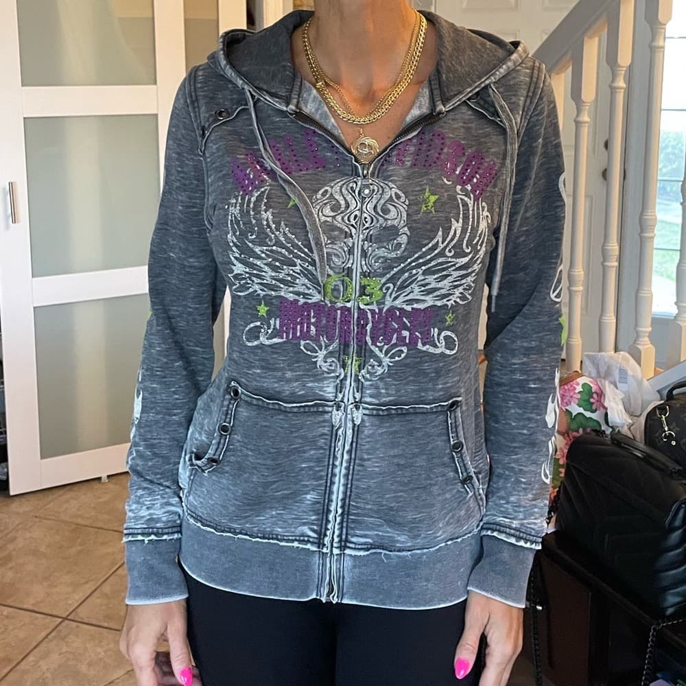 Harley-Davidson Gray Zip-Up Hoodie with Wing Graphic and Purple Accents - Thumbnail 4