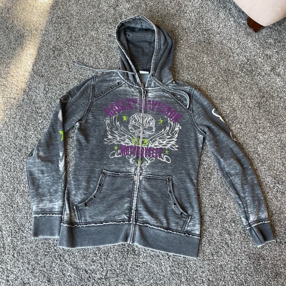 Harley-Davidson Gray Zip-Up Hoodie with Wing Graphic and Purple Accents - Thumbnail 5