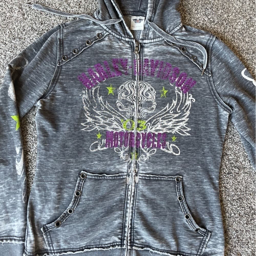 Harley-Davidson Gray Zip-Up Hoodie with Wing Graphic and Purple Accents - Thumbnail 6