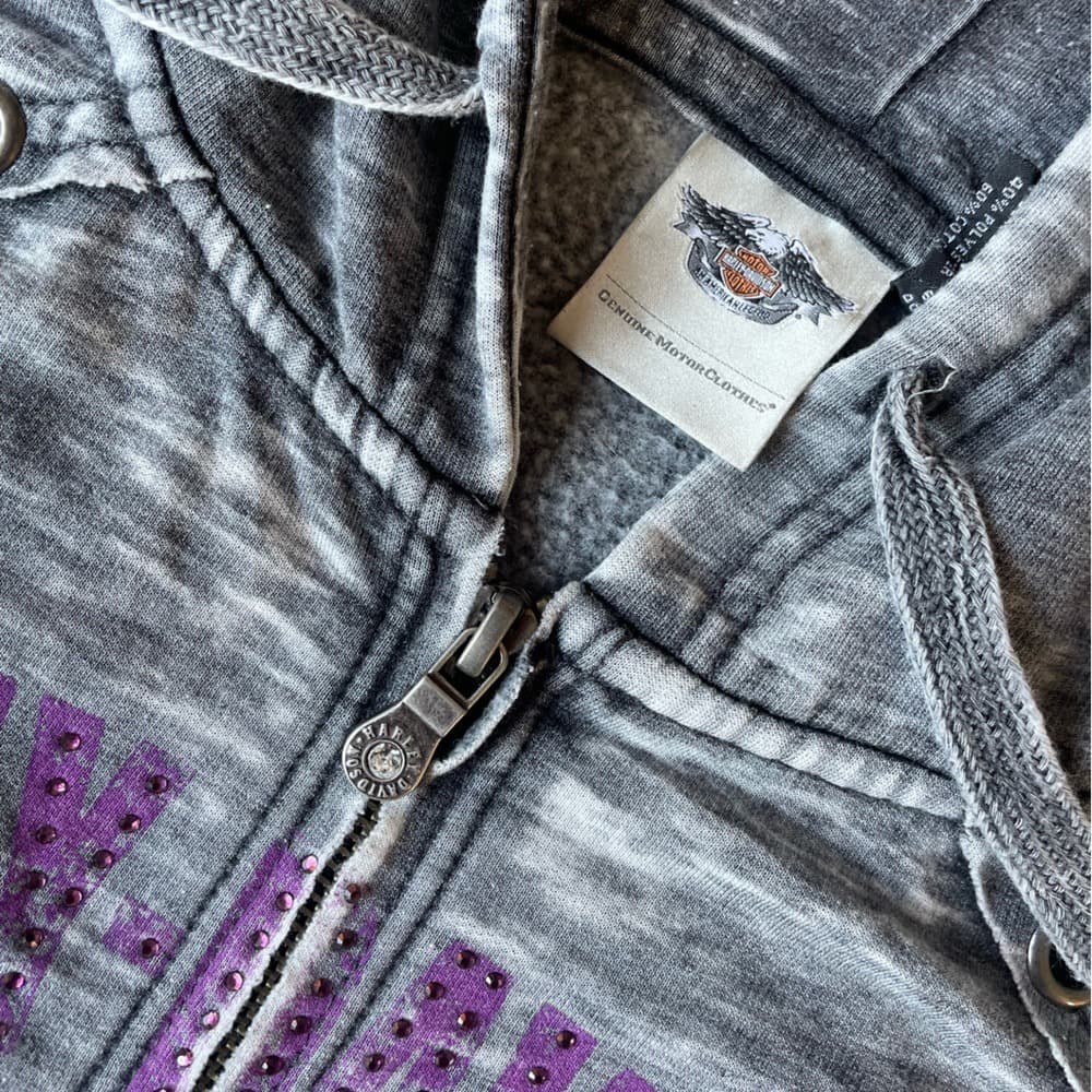 Harley-Davidson Gray Zip-Up Hoodie with Wing Graphic and Purple Accents - Thumbnail 2