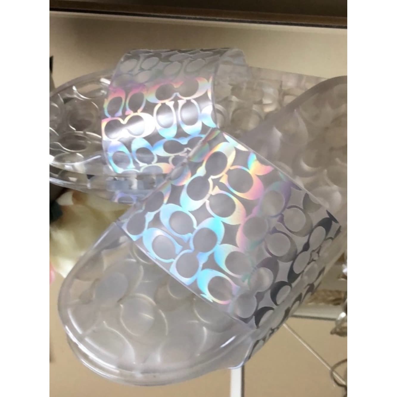COACH Clear Iridescent Glitter Logo Jelly Pool Slides Slip On Sandals - Thumbnail 2