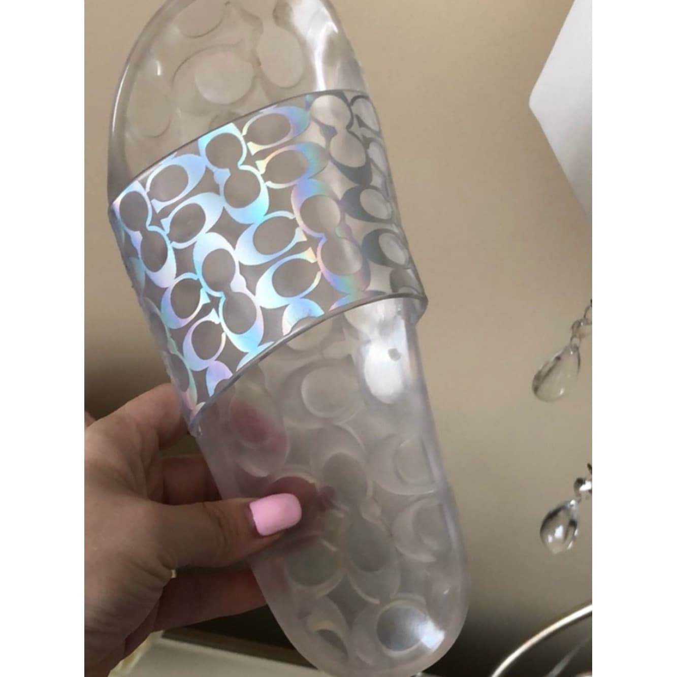 COACH Clear Iridescent Glitter Logo Jelly Pool Slides Slip On Sandals - Thumbnail 3