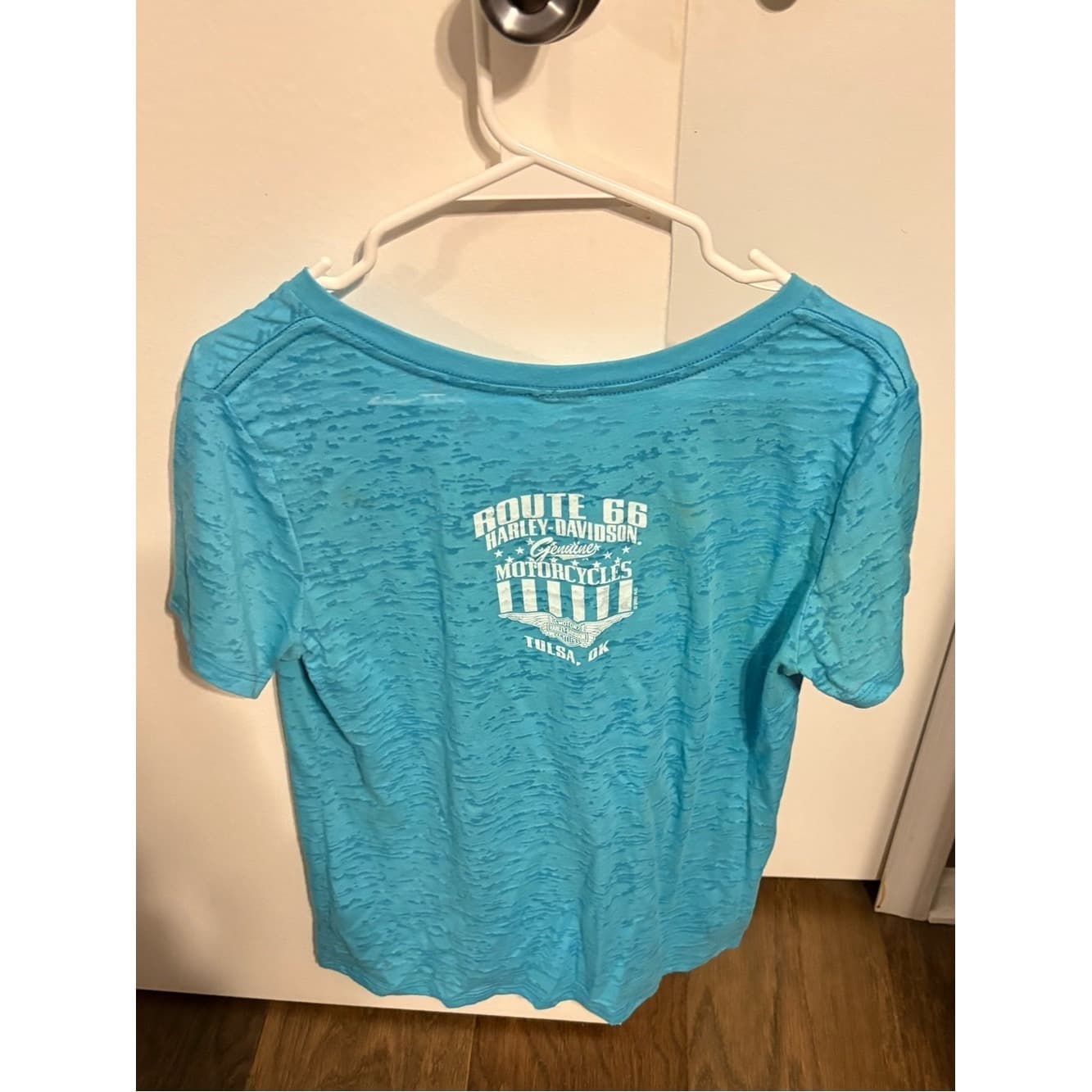 Harley-Davidson Tulsa OK Women's Turquoise V-Neck Tee with 'Genuine' Crest - Thumbnail 2