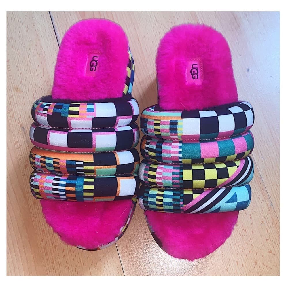UGG Multicolor Check Platform Shearling Slide - Hot Pink - Thumbnail 2
