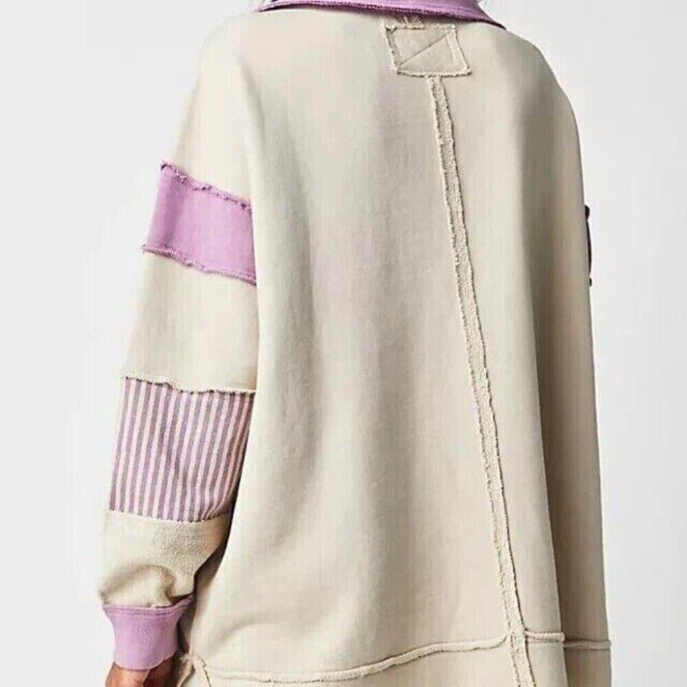 Free People Cream and Lavender Oversized Pullover Sweatshirt - Thumbnail 4