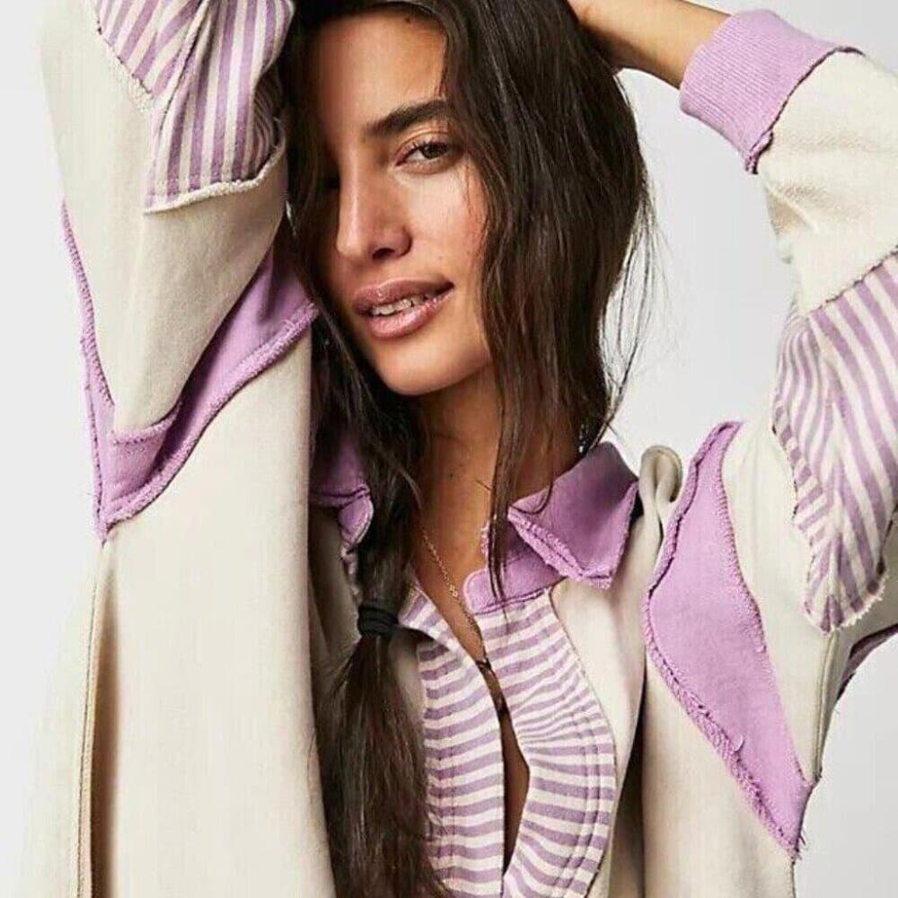 Free People Cream and Lavender Oversized Pullover Sweatshirt - Thumbnail 2