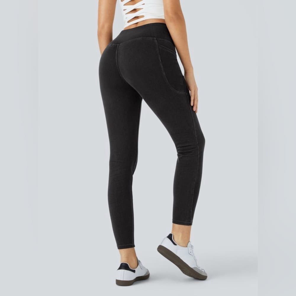 Halara Flex™ Crossover Pocket Denim Work Leggings in Black Denim Size M - Thumbnail 4