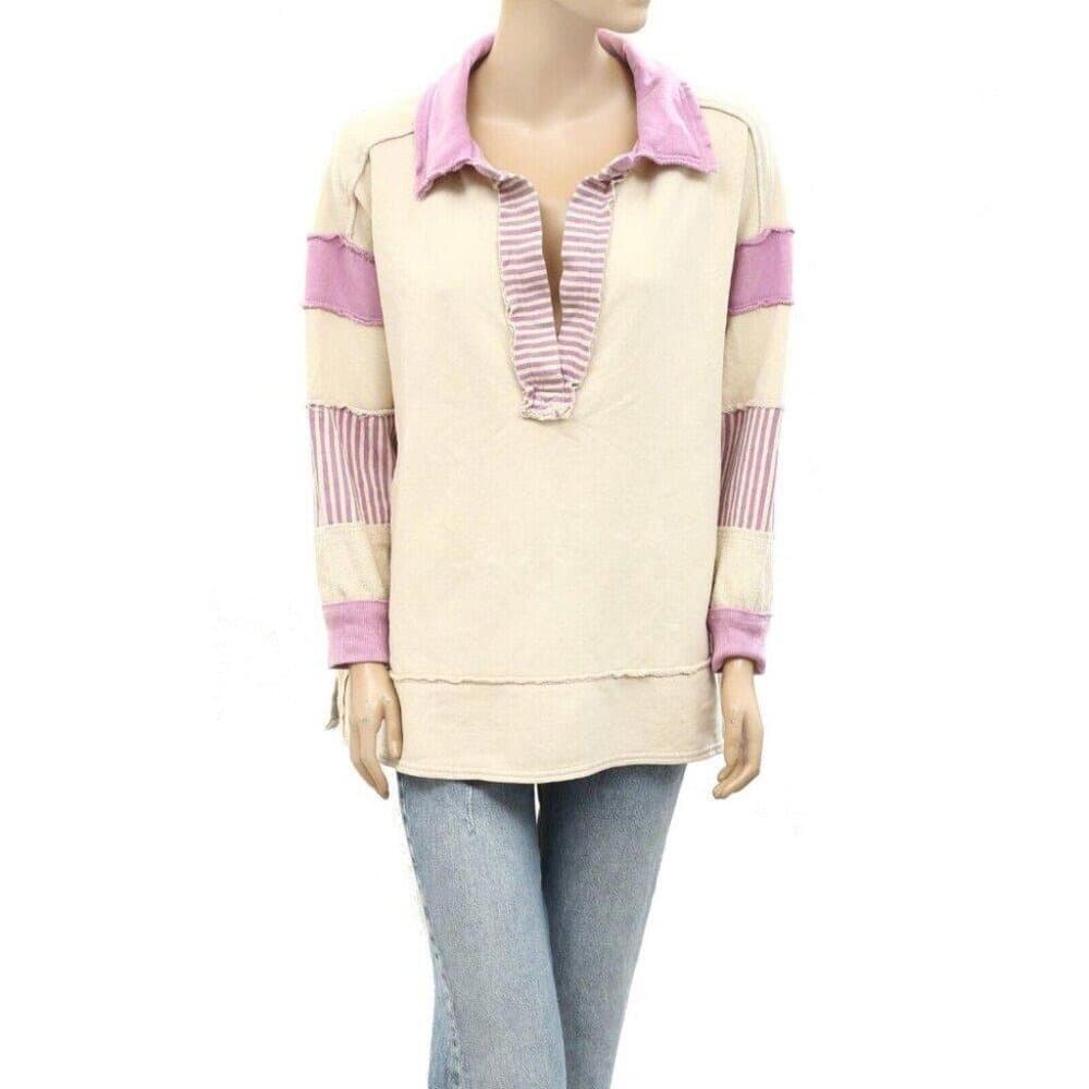 Free People Cream and Lavender Oversized Pullover Sweatshirt - Thumbnail 5