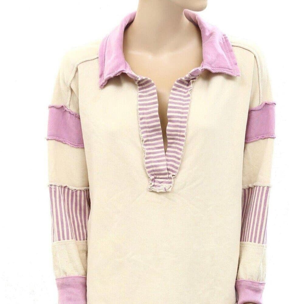 Free People Cream and Lavender Oversized Pullover Sweatshirt - Thumbnail 6