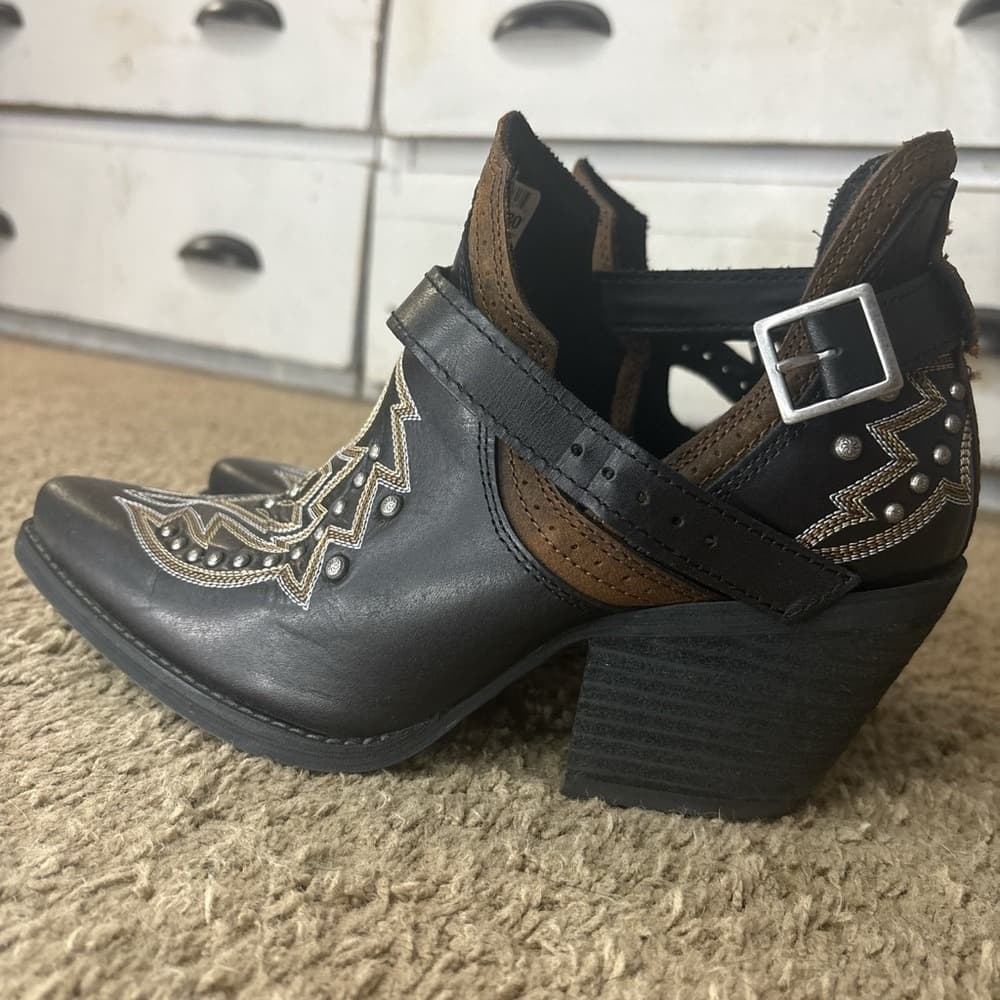 Durango Black and Brown Studded Western Ankle Boots - Thumbnail 2