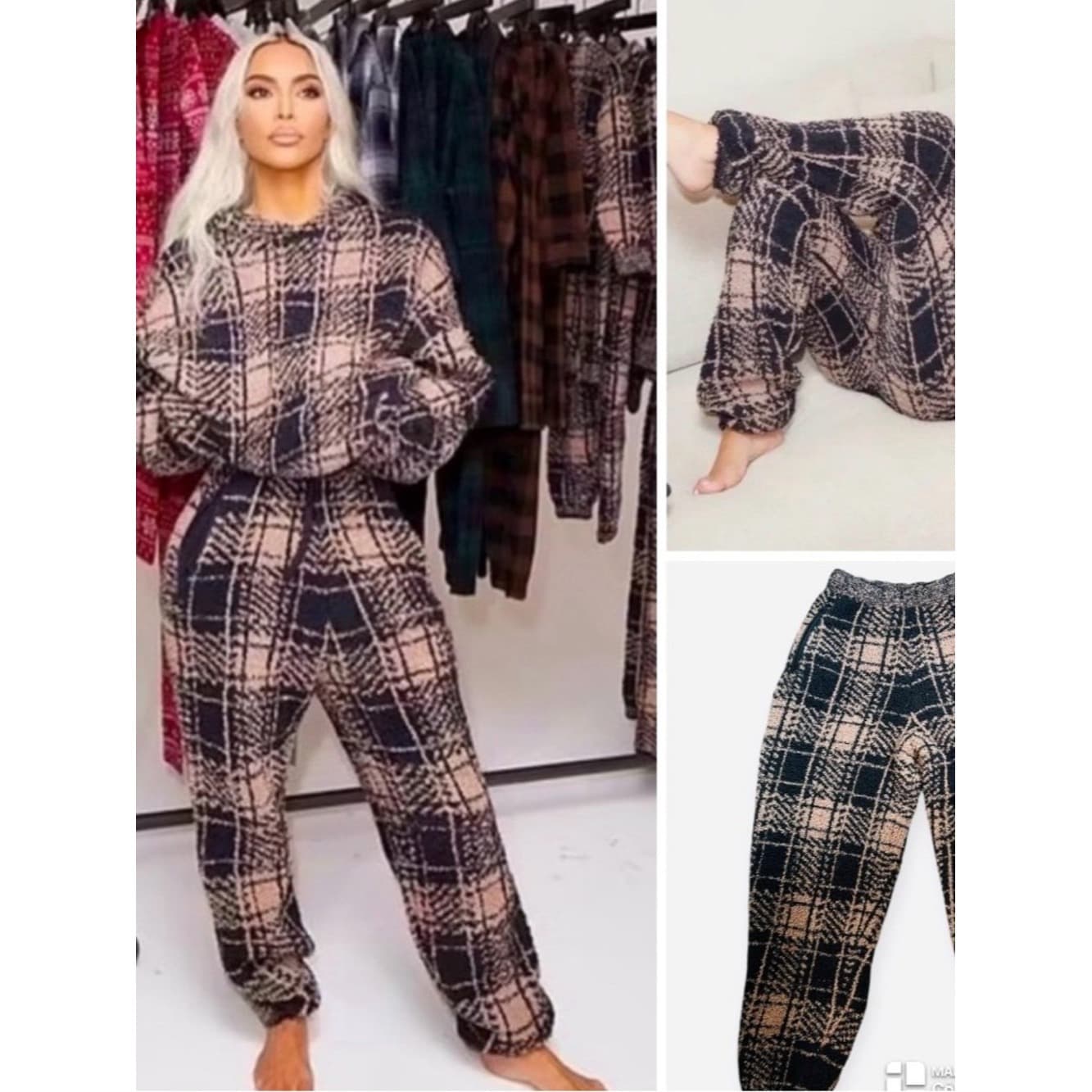 SKIMS Plaid Cozy Lounge Pants - Black & Beige