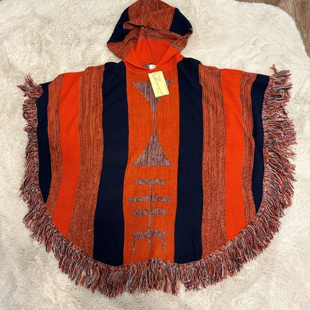 Vintage Havana Orange and Navy Fringe Poncho Sweater - Thumbnail 2