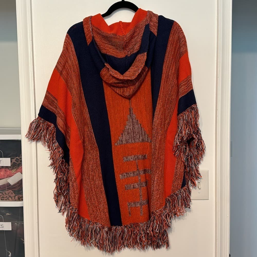 Vintage Havana Orange and Navy Fringe Poncho Sweater - Thumbnail 4