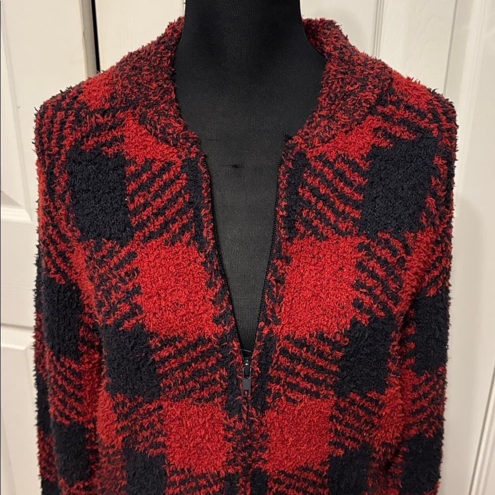 SKIMS Red and Black Plaid Zip-Up Cozy Jacket - Thumbnail 3