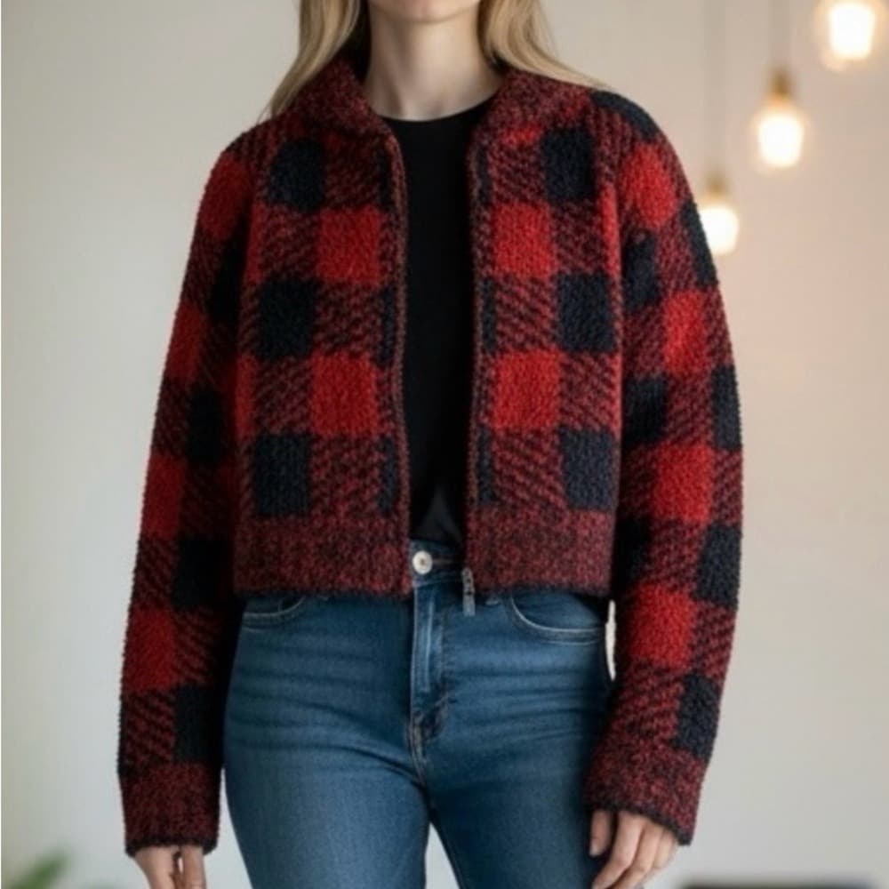 SKIMS Red and Black Plaid Zip-Up Cozy Jacket - Thumbnail 2
