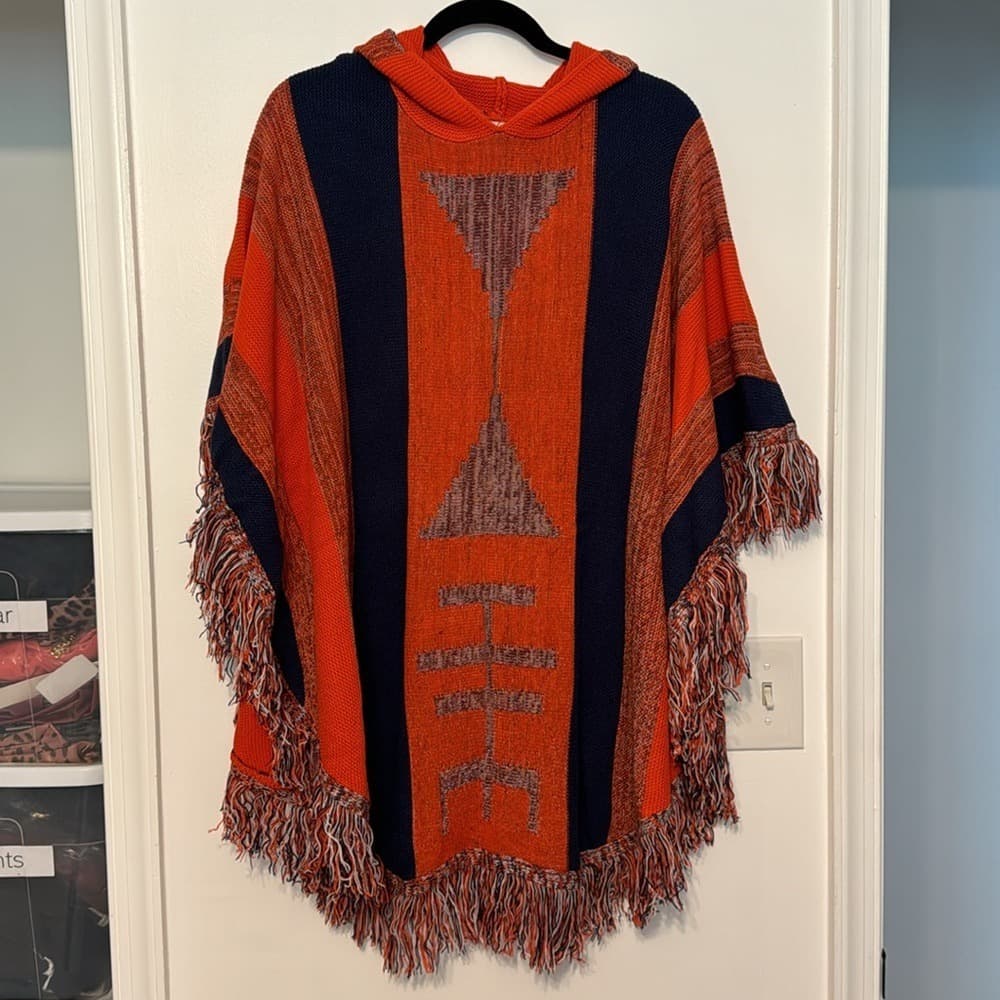 Vintage Havana Orange and Navy Fringe Poncho Sweater - Thumbnail 3